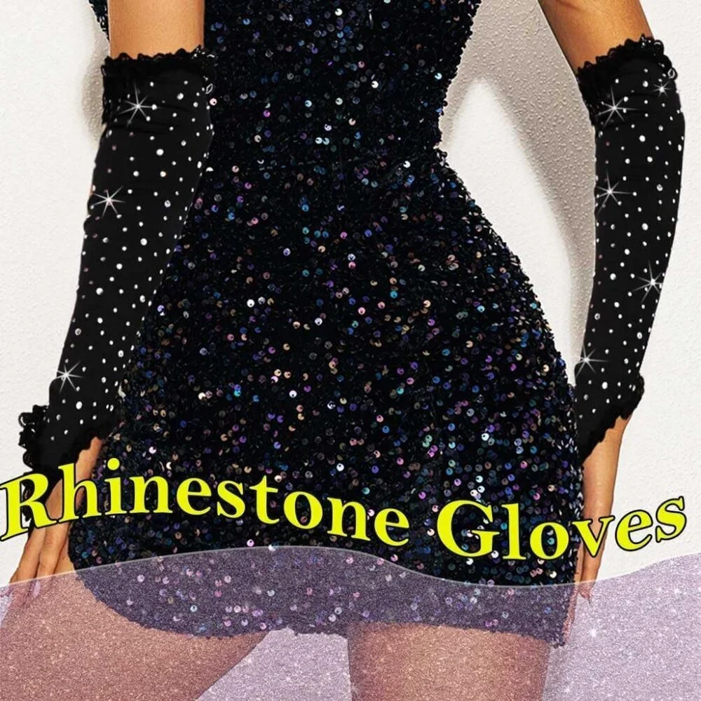 Women's Dazzling Rhinestone Fabric Fingerless Black Formal Long Gloves Style